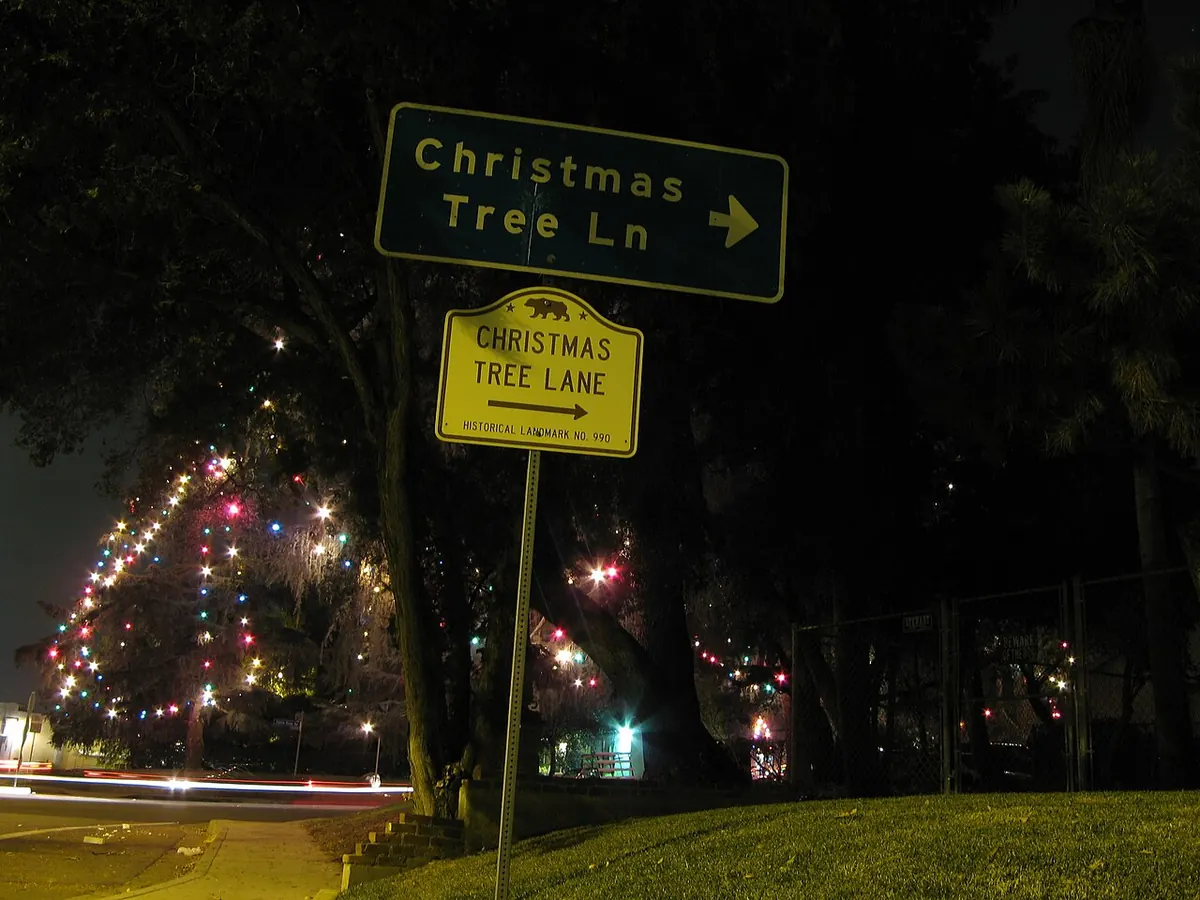 Christmas Tree Lane street sign beside the lit deodar trees on Santa Rosa Avenue, Altadena, California