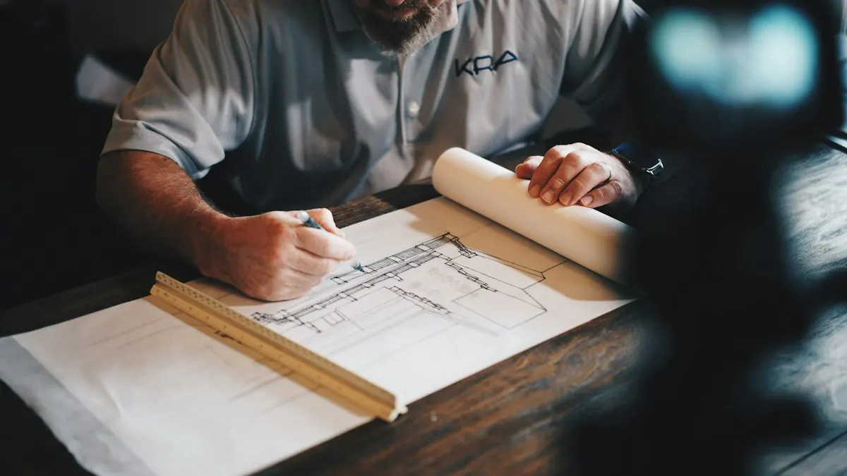 Designer drafting a floor plan with a pencil and ruler at a table