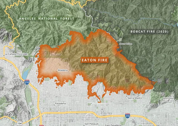 Map of the 2025 Eaton Fire perimeter above Altadena and Pasadena, with the Angeles National Forest to the north