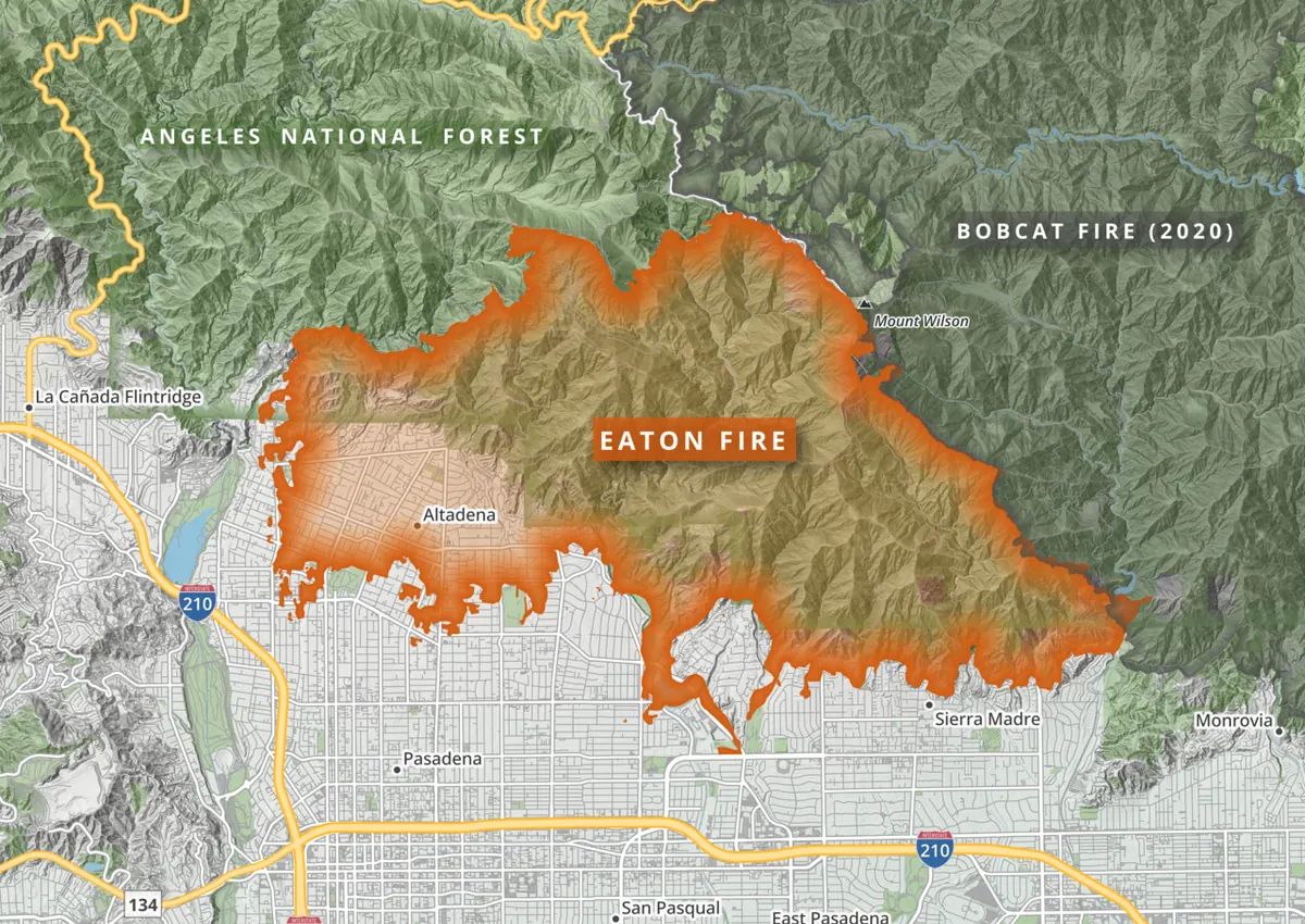 Map of the 2025 Eaton Fire perimeter above Altadena and Pasadena, with the Angeles National Forest to the north