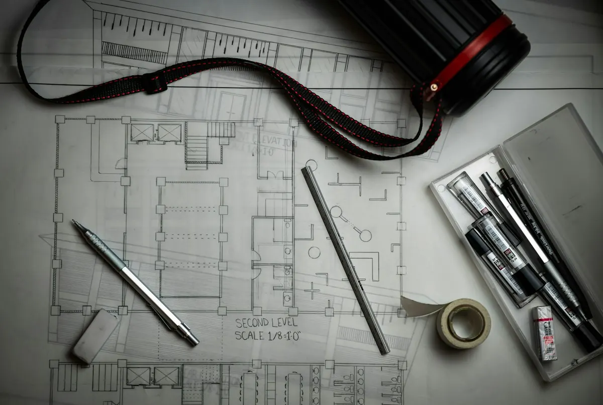 Printed floor plans with drafting pencils, a metal ruler and a plan tube