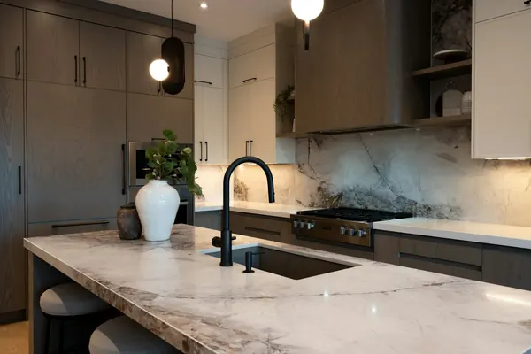 Kitchen island with a thick veined stone countertop, an undermount sink and dark cabinets