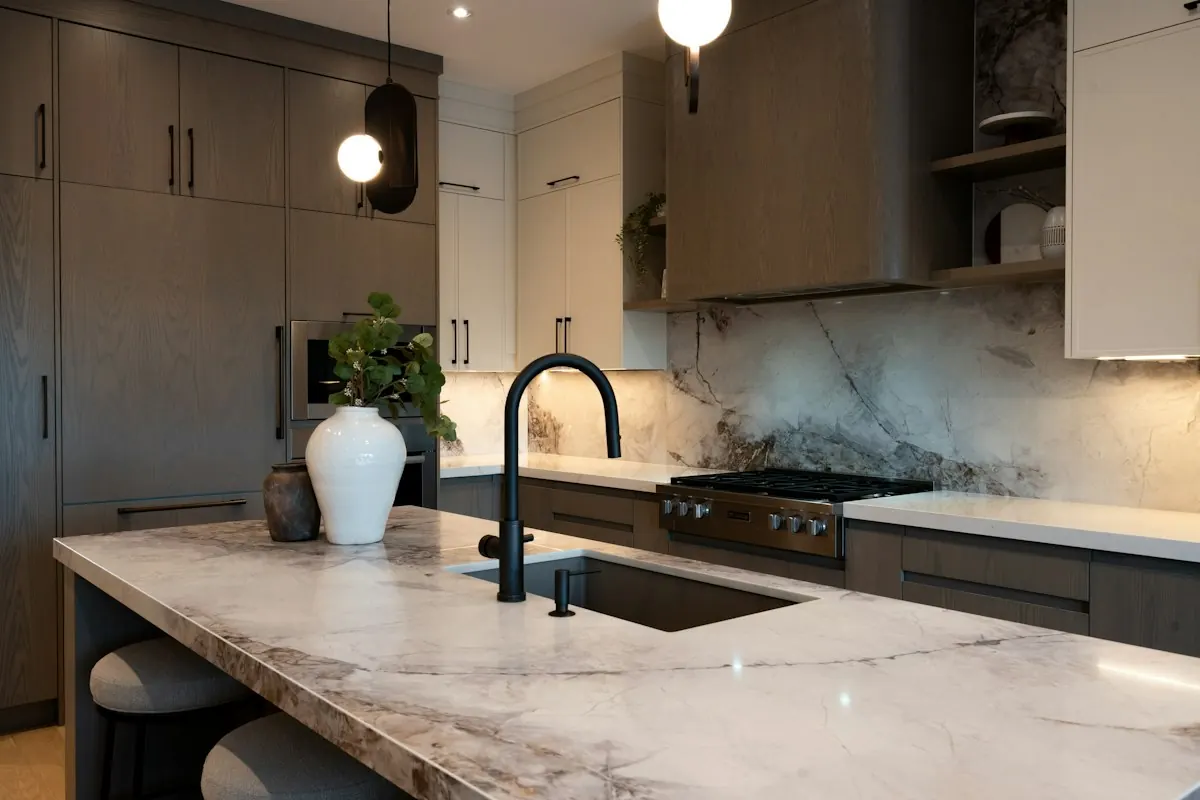 Kitchen island with a thick veined stone countertop, an undermount sink and dark cabinets