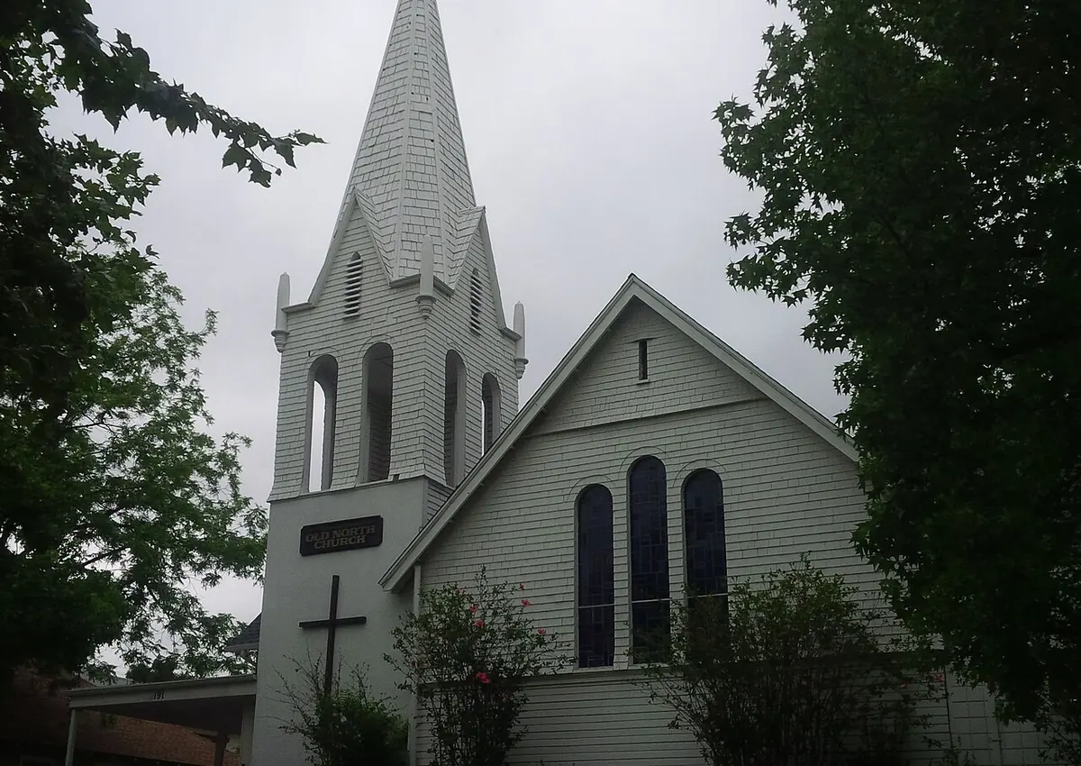 Old North Church, a white wood-sided church with a steeple in Sierra Madre, California