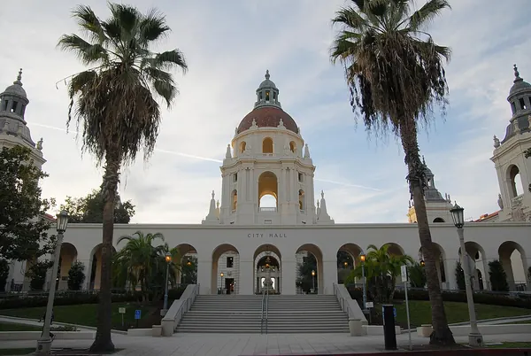 Pasadena City Hall courtyard and dome framed by palm trees, Pasadena, California