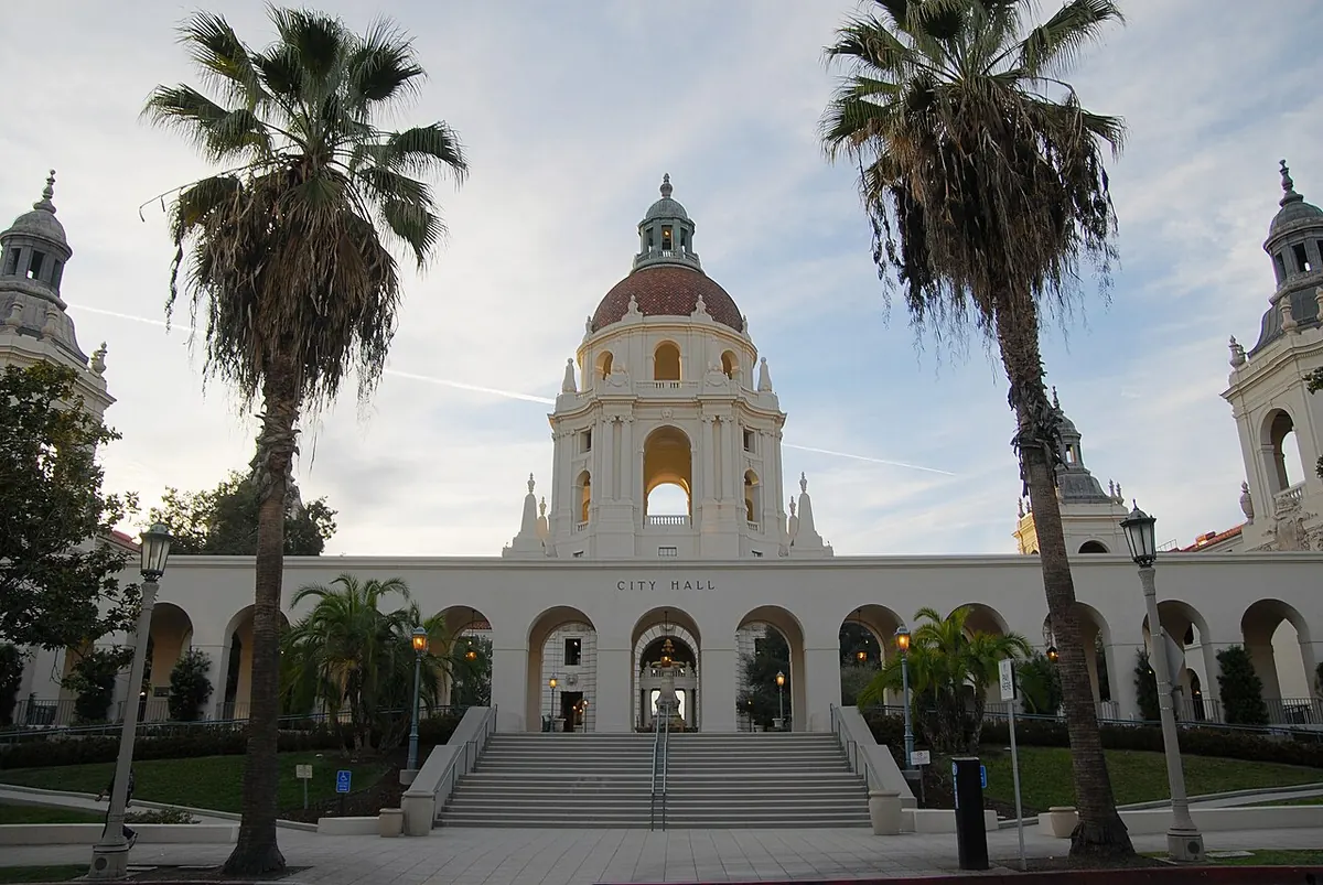 Pasadena City Hall courtyard and dome framed by palm trees, Pasadena, California