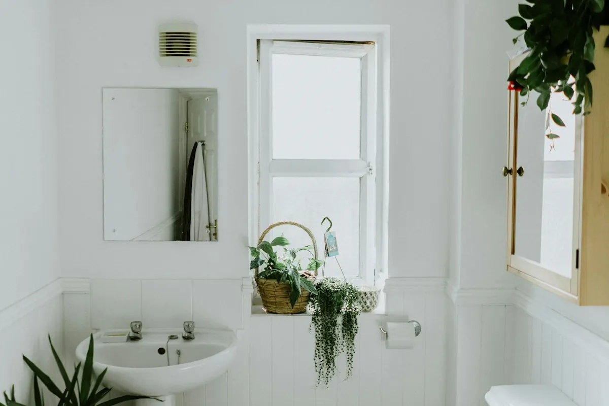 Small white bathroom with a pedestal sink under a window