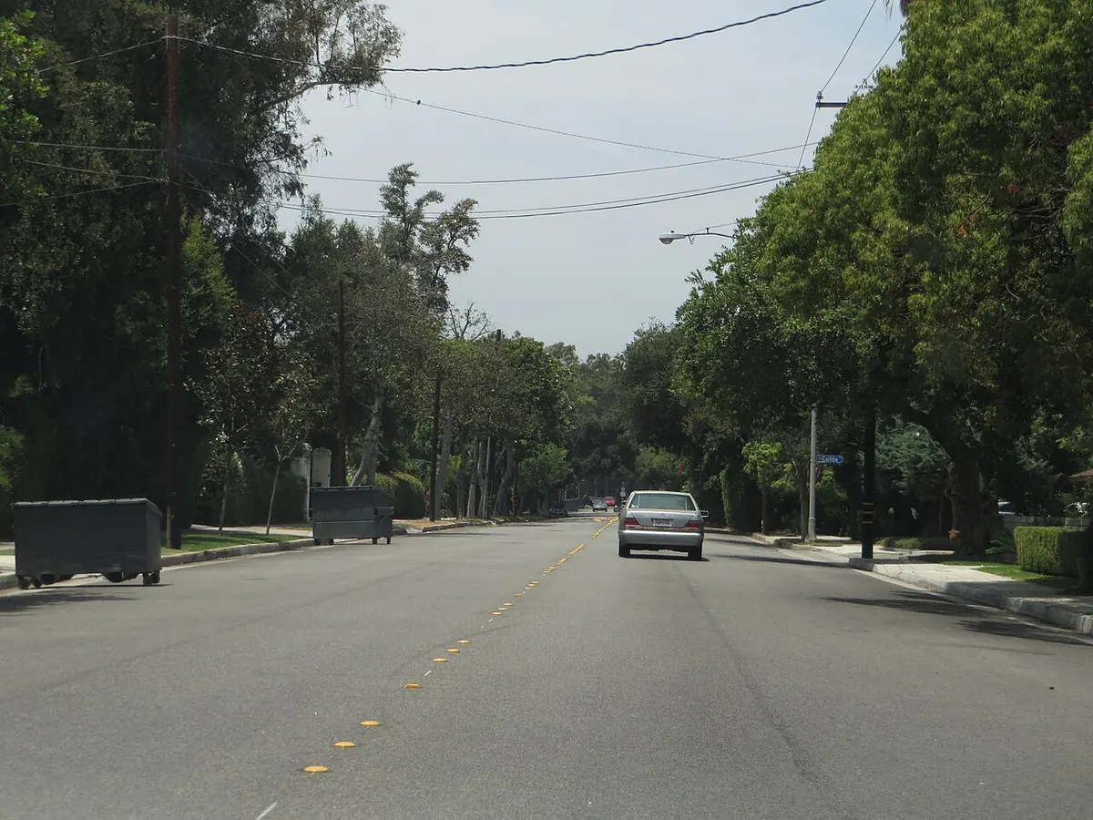 Wide residential street lined with mature trees in San Marino, California